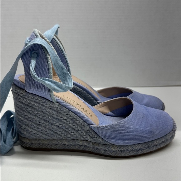 Stuart Weitzman Espadrille Wedges Heels Lace Up Ankle Strap Canvas Blue Size 6.5 - Picture 6 of 14